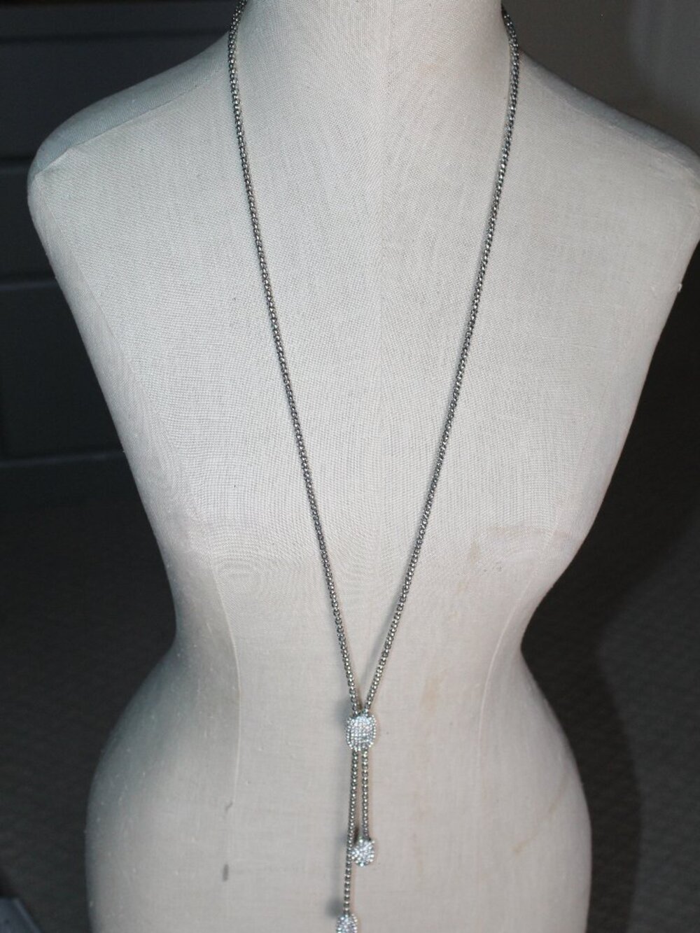 Chicos Silver Tone Rhinestone Sparkle Bolo Tie Necklace Adjustable Drop